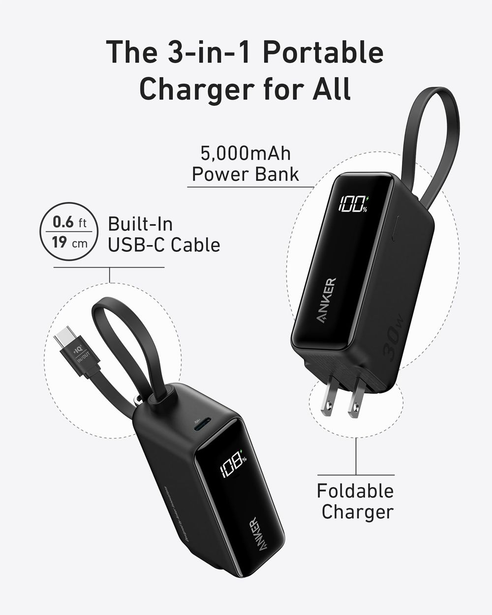 Anker 3-in-1 Power Bank (30W Fusion Built-In USB-C Cable) Negros | Mexico KBE803495
