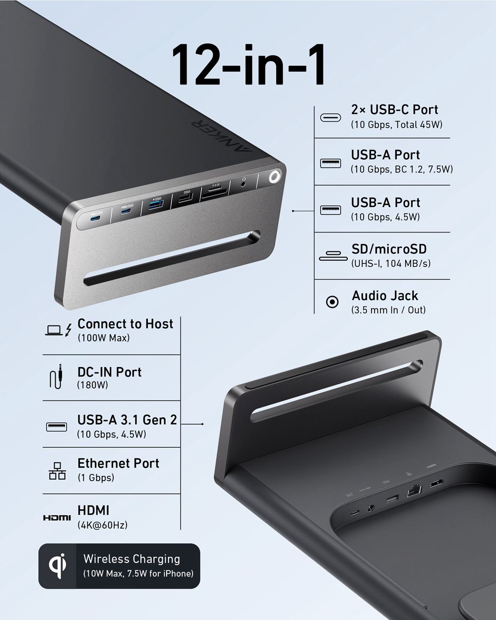Anker 675 USB-C Docking Station (12-in-1 Monitor Stand Wireless) Negros | Mexico NEU376520