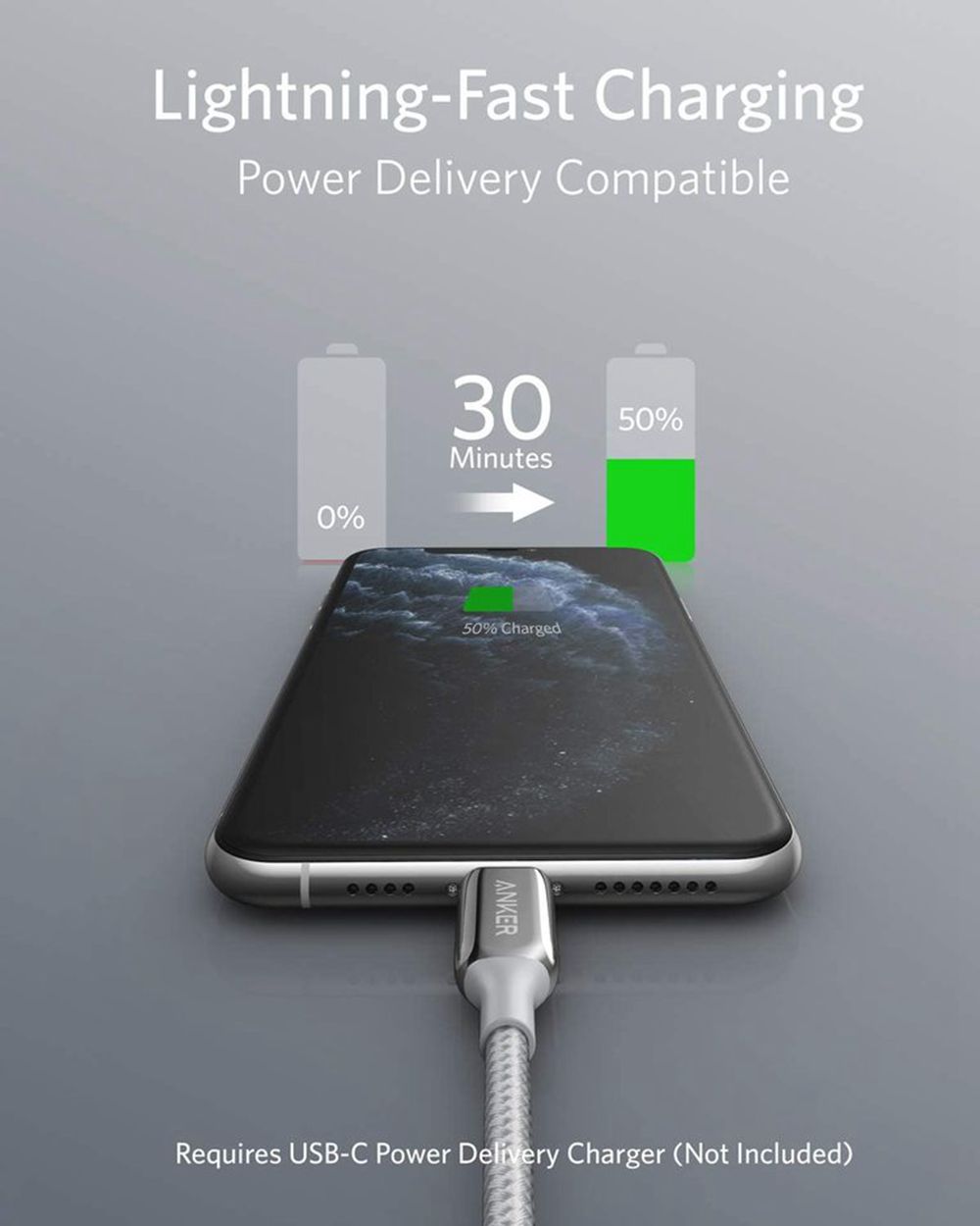 Anker 762 USB-C to Lightning Cable (3 ft / 6 ft Nylon) Plateados | Mexico ZJX791356